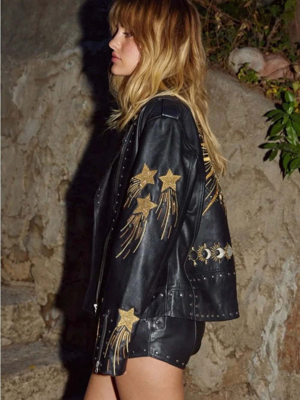 Nasty Gal Black Leather Jacket with Gold Celestial Embroidery - Picture 4 of 5